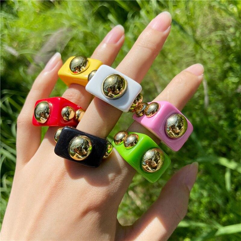 17KM Rainbow Color Resin Acrylic Rings Set For Women Couples 2021 New Colorful Flower Heart Rings Travel Gifts Jewelry