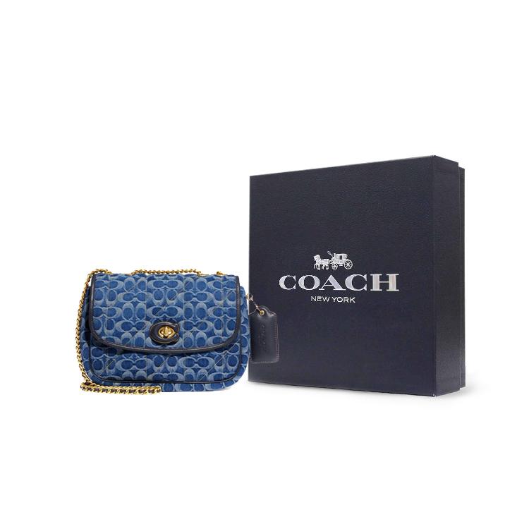 New COACH Pillow Denim With Leather Chain Bag, Crossbody Bag, Shoulder Bag Women's Marine Blue CA104-B4UDF