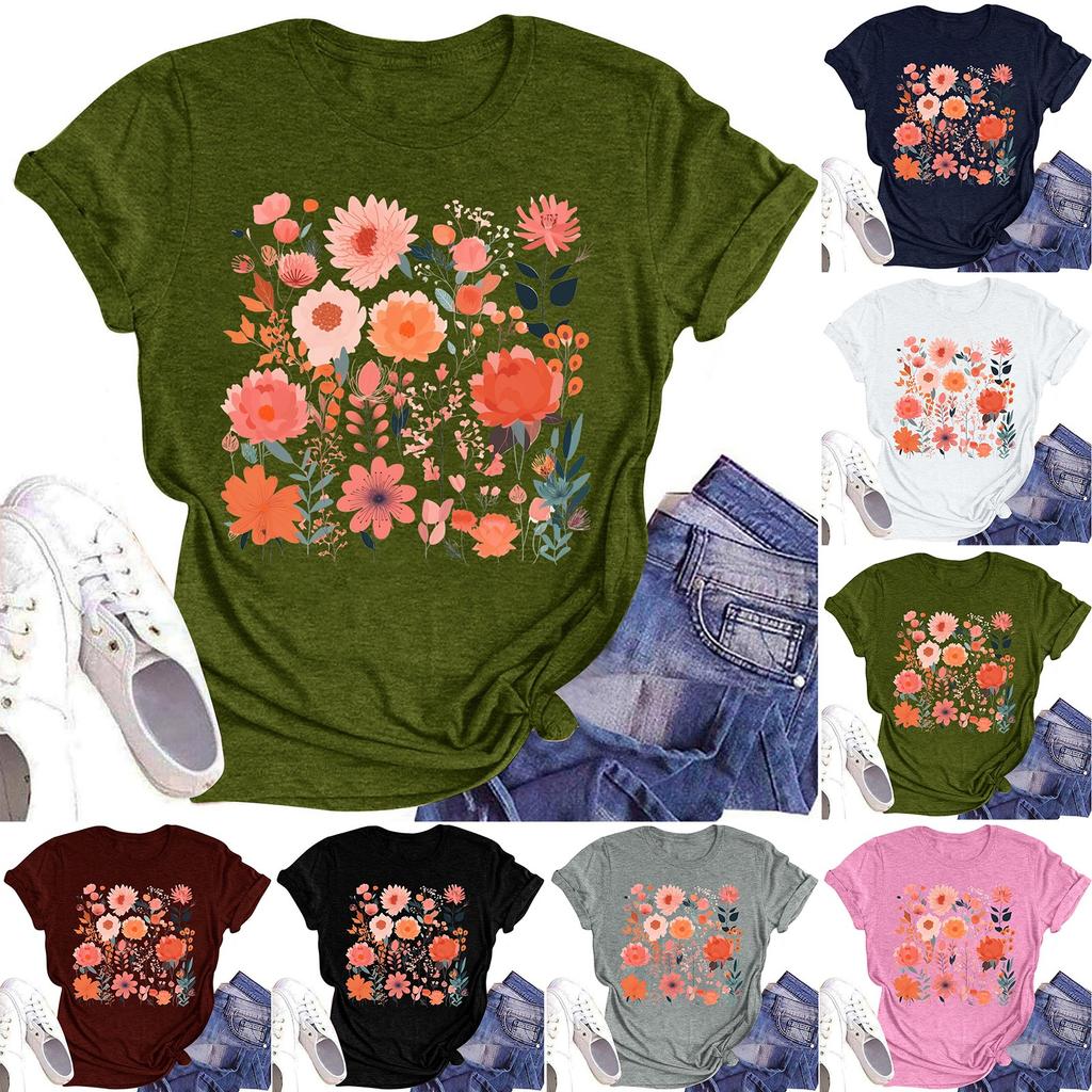 Женская повседневная футболка с круглым вырезом и цветочным принтом, короткий рукав