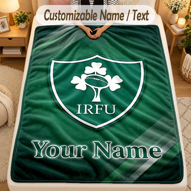 Flannel BlanketIreland Rugby Custom Name Text Personalized Soft Warm Throw Blanket Home Decor Gift