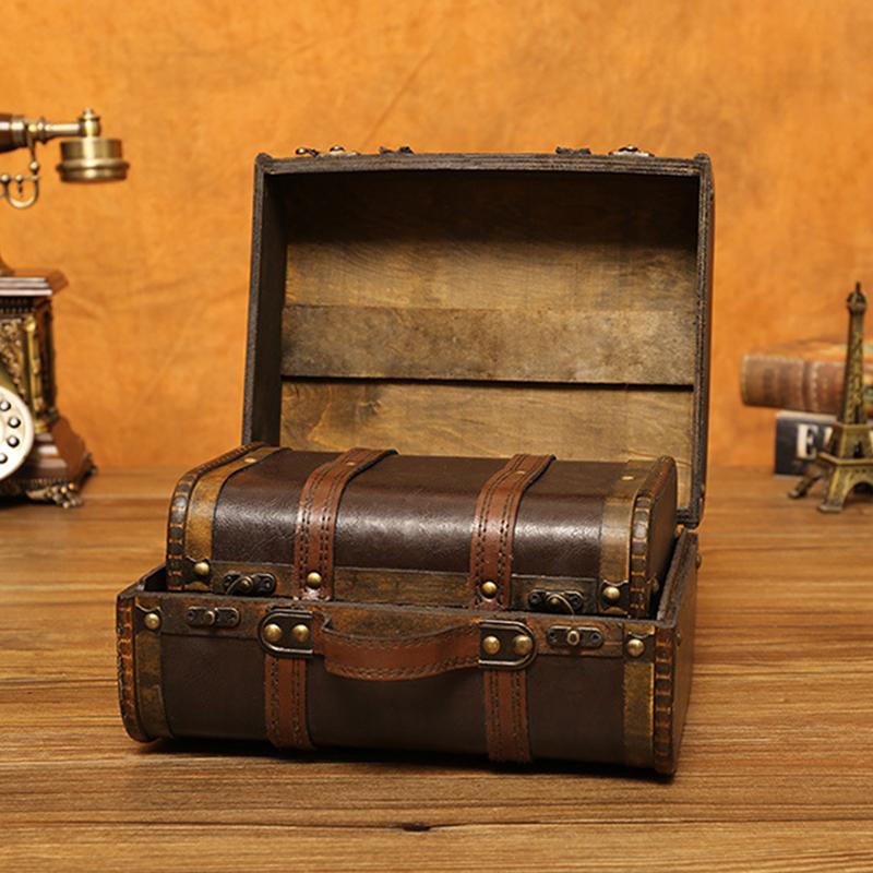 1Pc Retro Suitcase Wooden Antique Storage Box Medieval Treasure Chest Necklaces Jewelry Organizer Box with Lock Prop Box