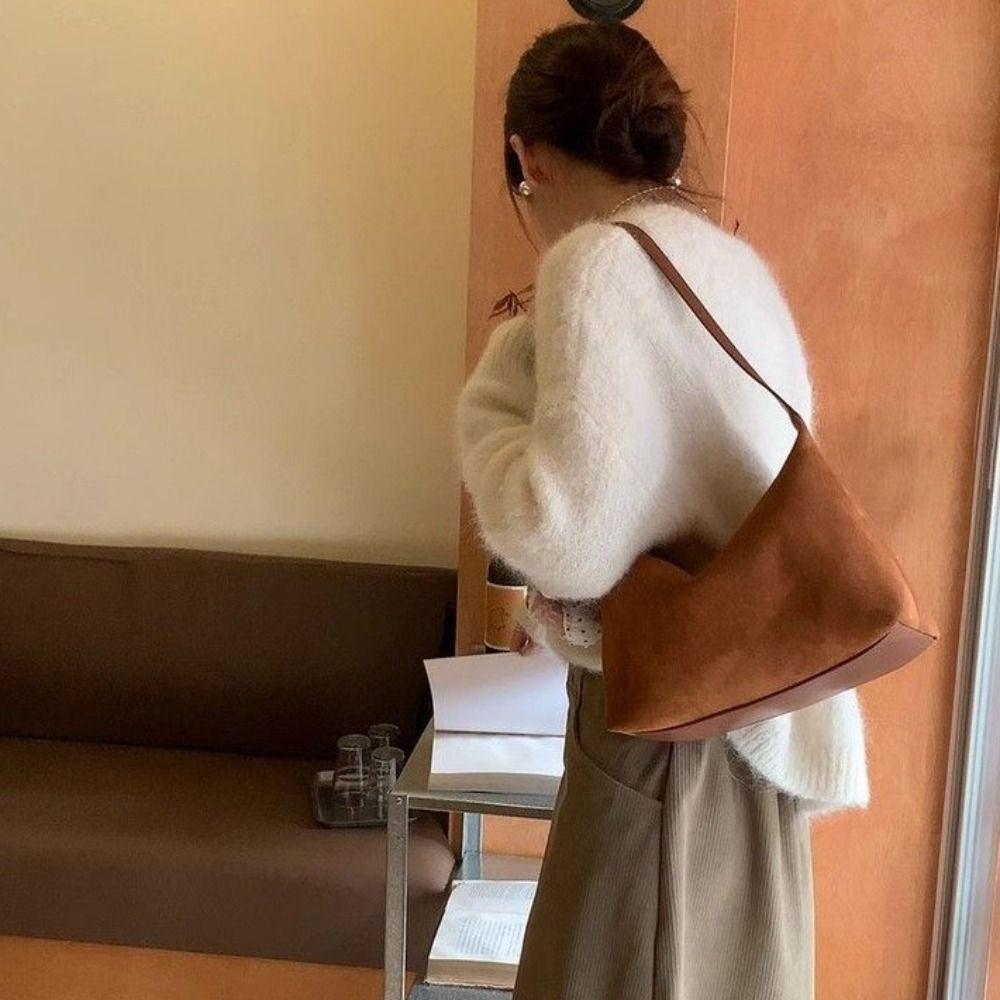 Simple Handbag Suede Shoulder Bag Solid Color Large Capacity Hobo Bag Korean Style Fashion Ladies Crossbody Bag Holiday
