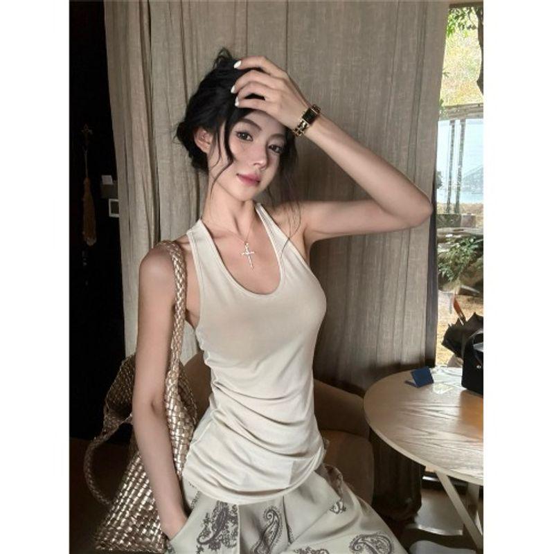 Kumikumi Niche Back Twist Apricot Vest Women Clothes Summer Retro Sexy All-Match Slimming Sleeveless Top