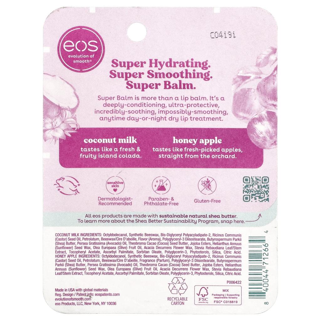 EOS 24H Moisture Super Balm, Coconut Milk & Honey Apple, 2 Pack, 10ml (0.35 Fl Oz) Each