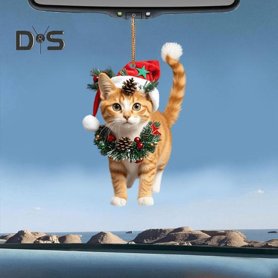 Рождественская подвеска в виде кошки, 2D акриловое подвесное украшение, шапка Санты, подвеска в виде кошки на зеркало заднего вида автомобиля, елочное украшение, подарок для любителей кошек
