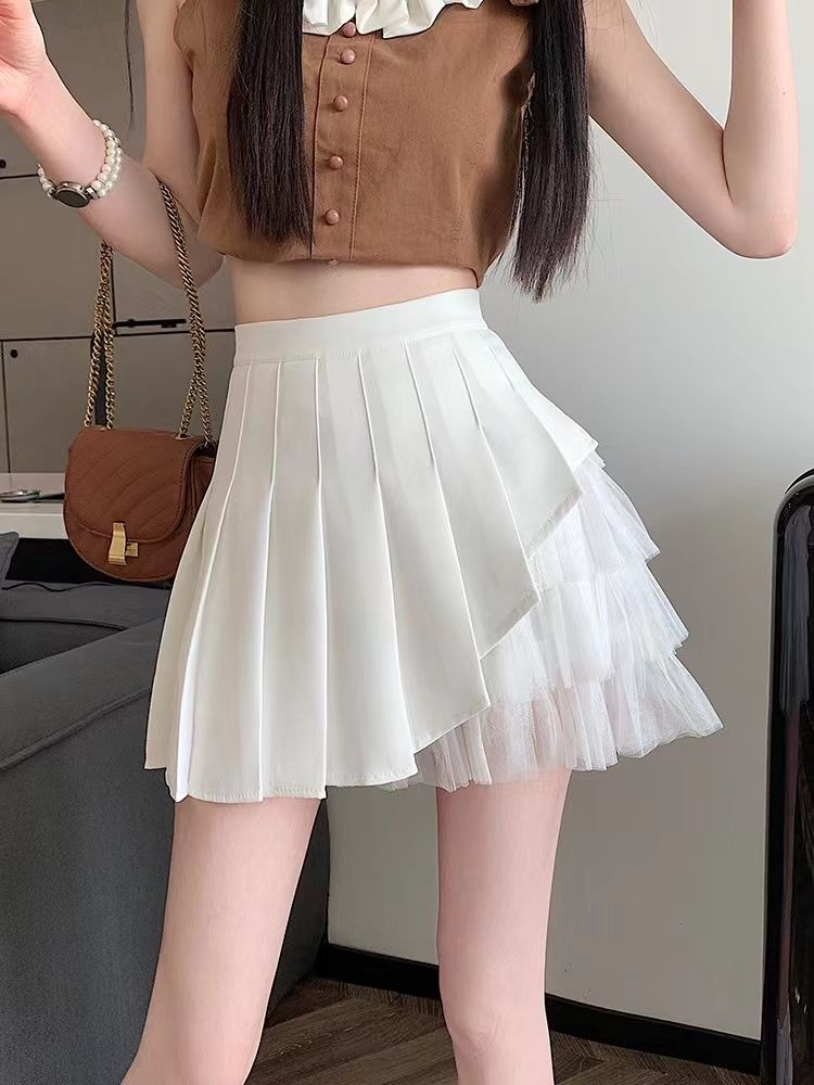 Irregular Mesh Stitching Pleated Skirt Sweet Fashion High-Waisted Mini Skirt Korean Solid Color Hottie Preppy Style