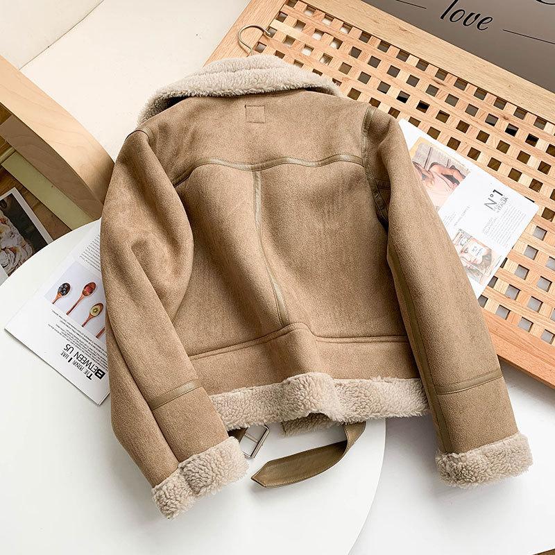 Зимняя женская толстая теплая замшевая куртка из ягненка, короткие мотоциклетные коричневые пальто, кожаные куртки из искусственной овчины, верхняя одежда