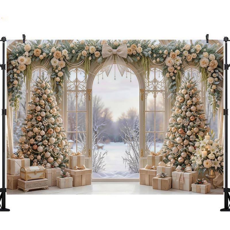 LS Christmas Window Trees Backdrops Kids Baby Photography Props Child Photocall Decors Fireplace Snowy Scene Backgrounds