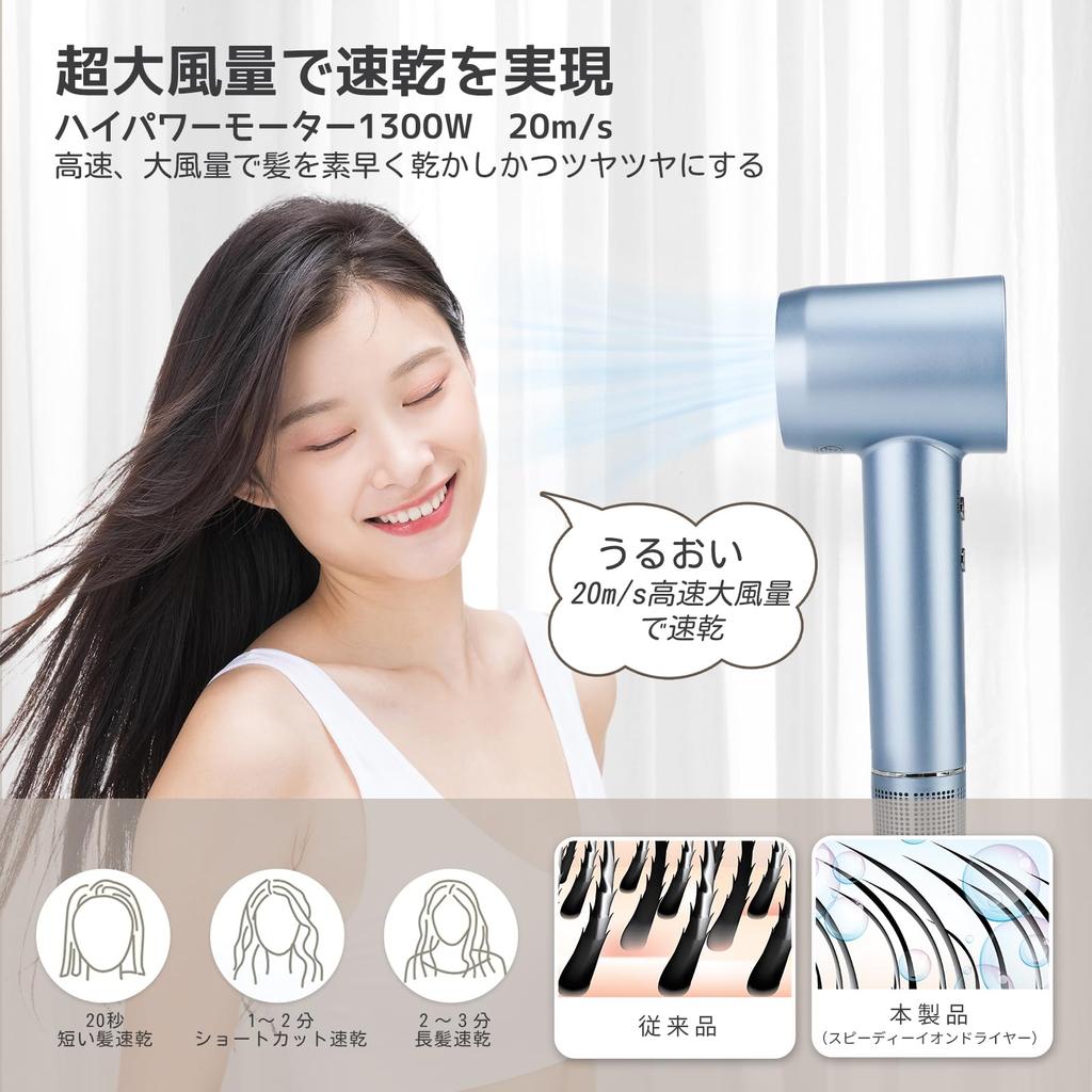 Фен Большой объем воздуха Фен для волос с отрицательными ионами YOUMAY Фен для волос 200 миллионов отрицательных ионов высокой концентрации 1300 Вт Большой объем воздуха Быстрая сушка 8