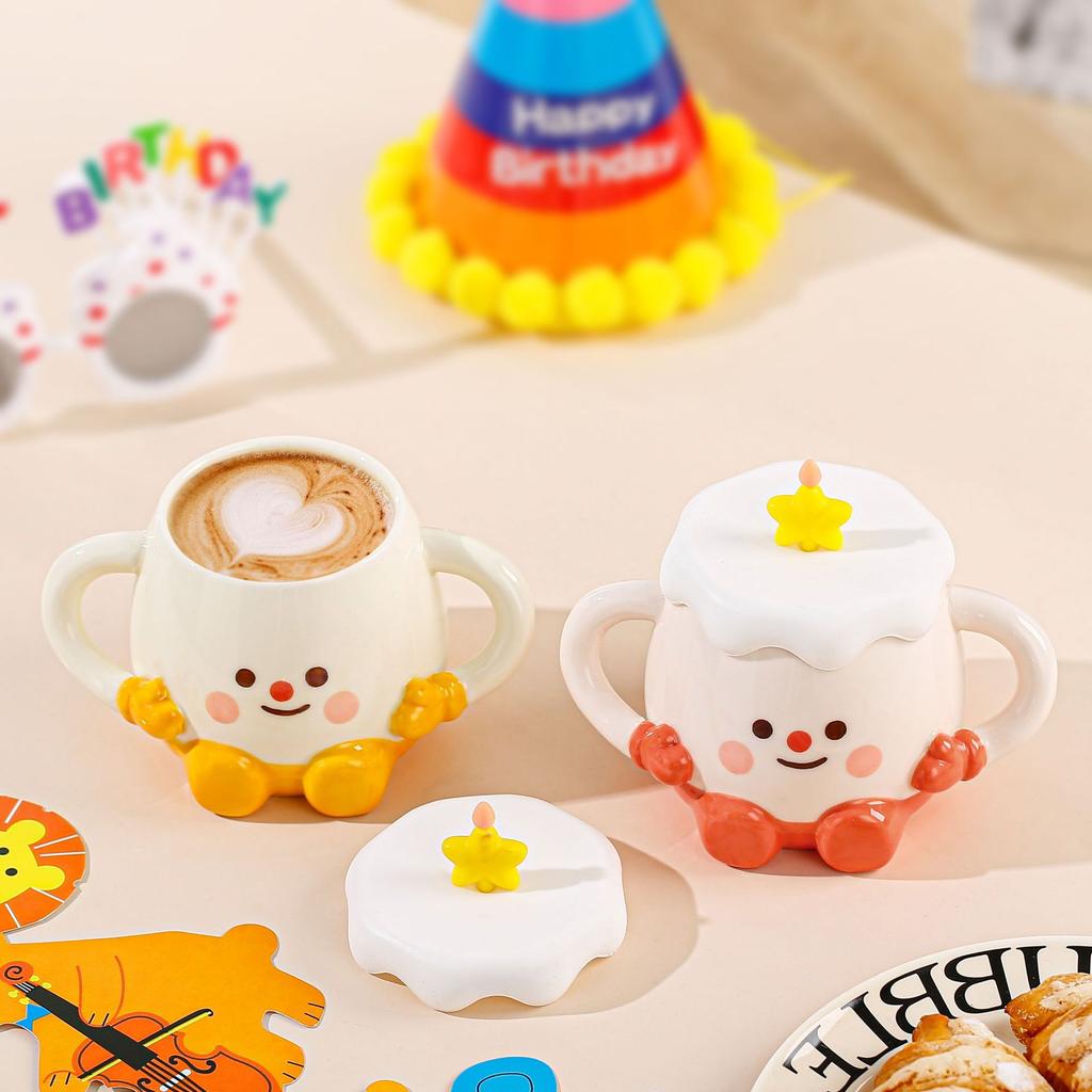 Cute Cake Cup with Lid Cartoon Smiling Face Mug Large Capacity High Temperature Resistant Household Set Water Cup Small Gift