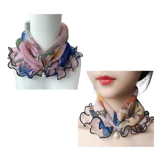 2Pcs Women Faux Silk Scarf Printing Faux Pearl Decor Lace Trim Lightweight Scarf Hand Strap Accessory