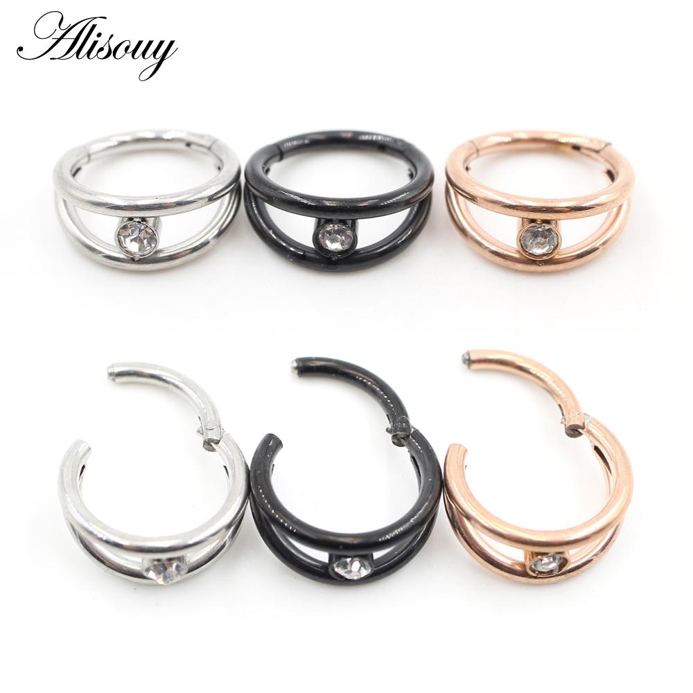Alisouy 1pc Two Layers Zircon CZ Cartilage Earrings Stainless Steel Hinged Piercing Septum Clicker Nose Rings Hoop Segment Rings
