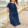 Women Summer Casual Round Neck Short Sleeve Print Dress