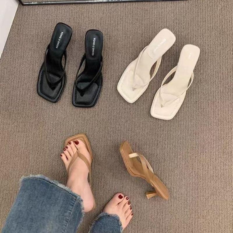 Женские шлепанцы на среднем высоком каблуке, летние шлепанцы, туфли на высоком тонком каблуке с клипсой для пальца