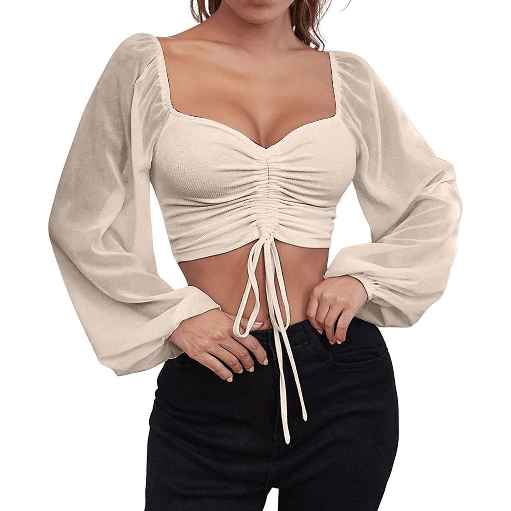 Ladies Casual Solid Color Square Neck Pullover Mesh Splicing Sexy Fashion Top