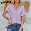 Ayollar Bahor Yoz Dantelli V-bo'yin Lotus Yengli Bir Rangli Keng T-shirt
