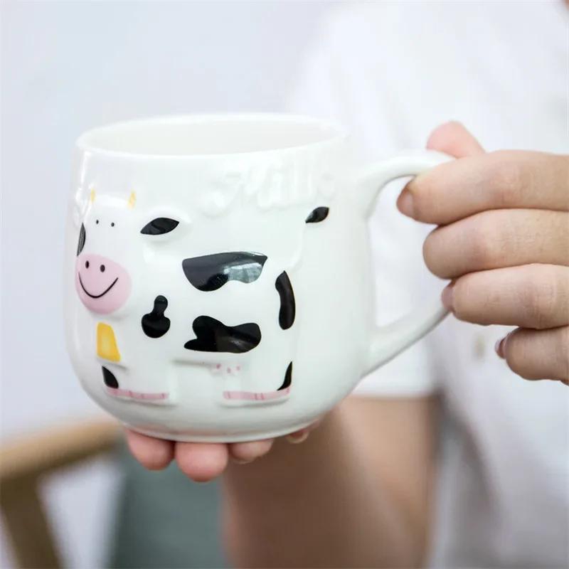 14oz Creative Relief Cow Ceramic Mug Cute Animals Coffee Cups Juice Milk Tea Cup Bottle 3D Animal Mug Breakfast Cups Kids Gift