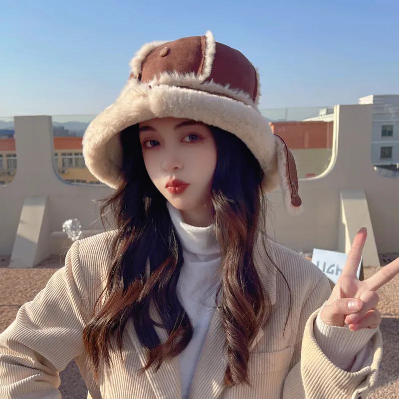 WTEMPO Solid Color Women's Winter Hairy Fisherman Hats Plush Bucket Hats Autumn Winter Plus Cashmere Warm Skiing Hats