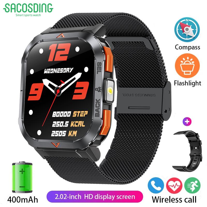 SACOSDING Smart Watch Waterproof 2.02" TFT Men Sport With Compass And LED Flashlight Health Monitoring Fitness Tracking Bluetooth Call Smartwatch