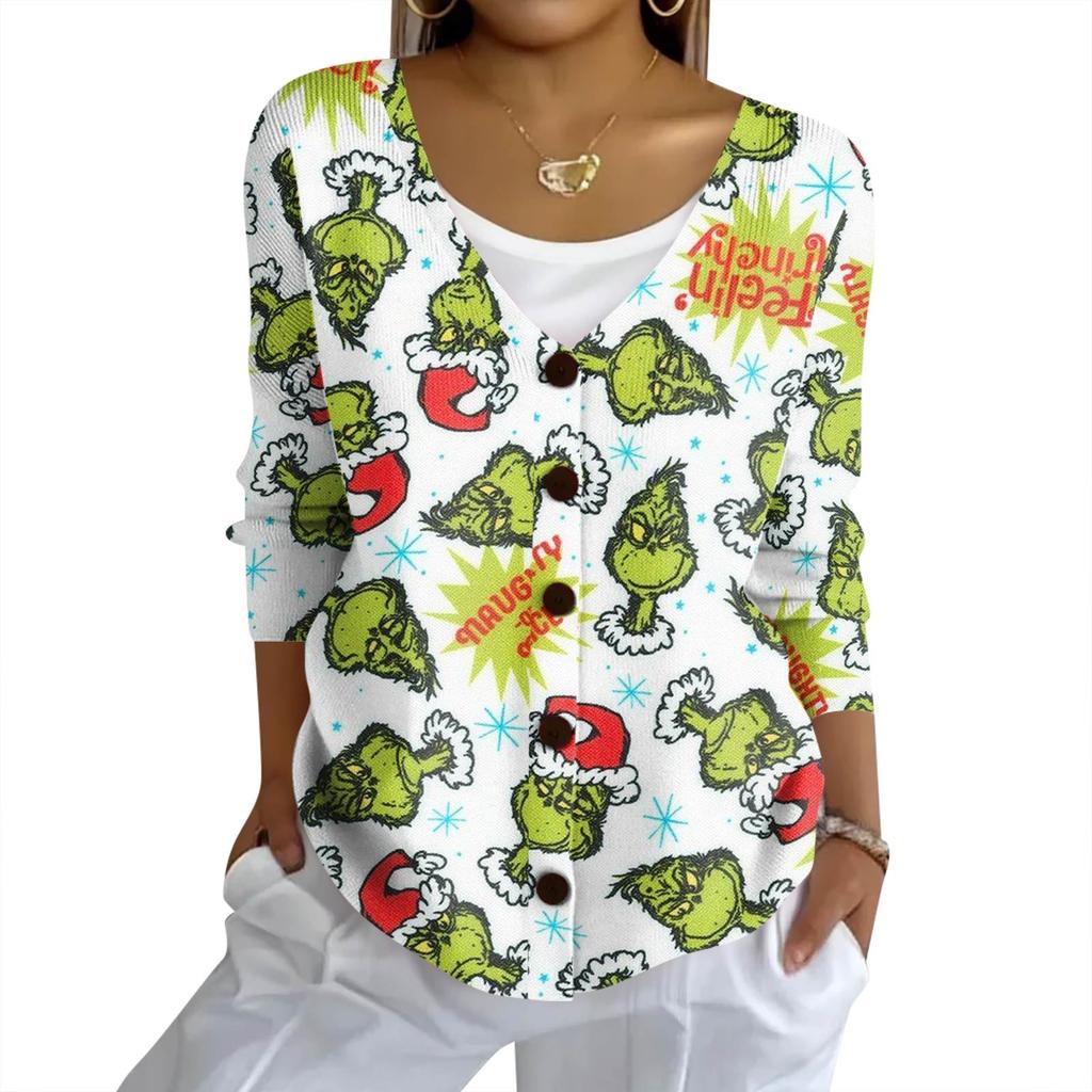 Women's Fashion Casual Knit Sweater Button-Up Christmas Print Cardigan Jacket