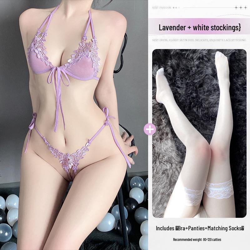 Кружевной комплект нижнего белья из трех предметов: Соблазнительный дизайн с открытой промежностью для маленькой груди