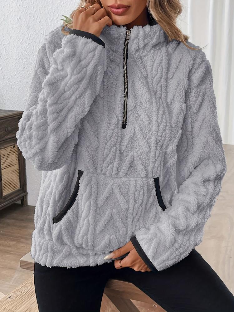 Women'S Fashion Fuzzy Sweatshirt, Solid Color, with Lapel Collar and Zipper Detail, for All-Season Comfort Pullover