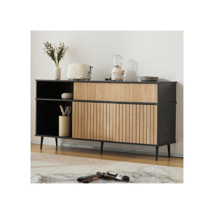 Commode - MUVOE - 4 portes coulissantes - Chêne et noir - 160 L x 40 P x 80 H - Contemporain