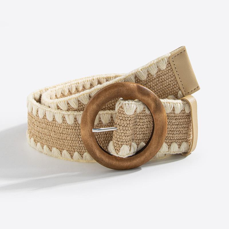 Богемный пояс, Женский плетеный из соломы шерстяной декорированный круглый деревянный пряжкой эластичный пояс, Пояс в стиле натурального отдыха