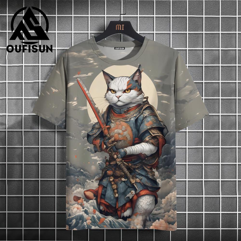 Men's Animal T-Shirt Japanese Samurai Cat Element Graphic 3D Print T-Shirt