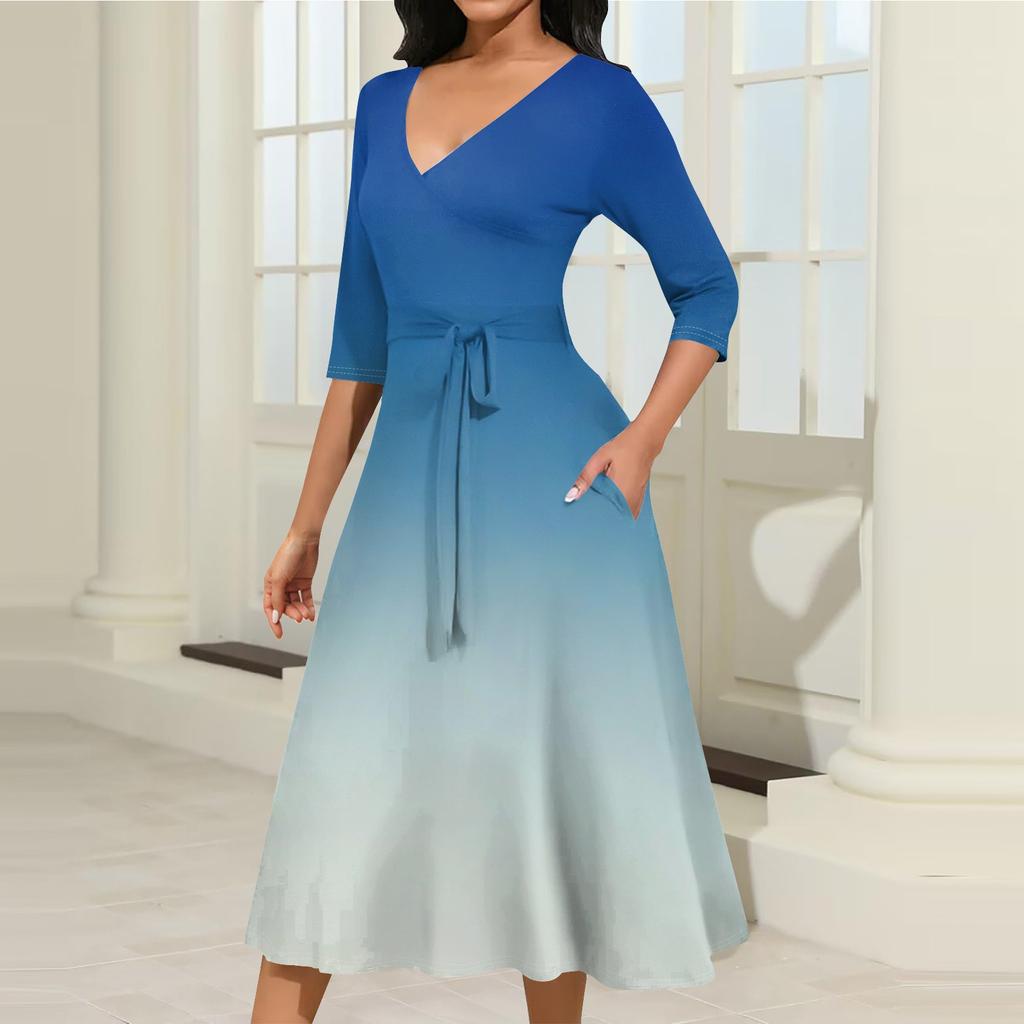 Женское повседневное модное платье миди с V-образным вырезом и рукавом три четверти