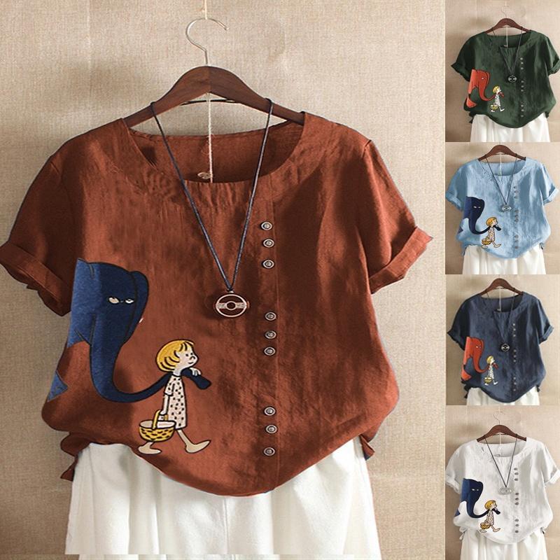 Женские мультяшные топы с цветочным принтом, летние свободные блузки, футболки больших размеров