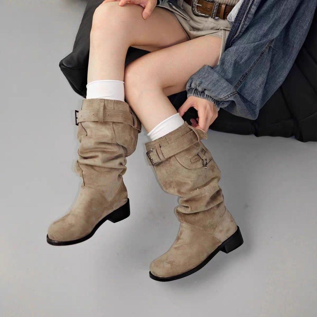 Blue Cabinet, But Knee Boots Women's 2025 New Thick Heel Round Head Thin Tall Knight Boots Pleated Pile Boots