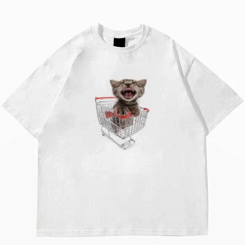 Top Style Noble Cat Love Music T-shirt Cute Cat Print Short Sleeve T-shirt Men's Harajuku Fashion Couple Loose Street Style Y2K