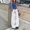 Women's American High Street White Casual Cargo Pants - Autumn/Winter, Multi-Pocket, Loose Straight-Leg Design