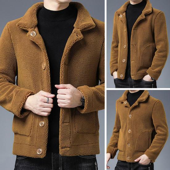 Men Jacket Lapel Long Sleeve Single Breasted Coat with Pockets Solid Color Reversible Design Polar Fleece Faux Leather Outwear