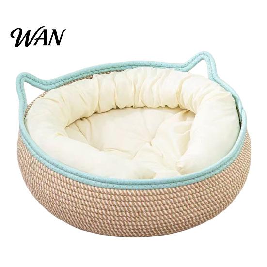 All Season Cat Bed Basket with Cushion Cotton Rope Handwoven Pet Spacious Breathable Ear for Indoor Cats Stretch Space