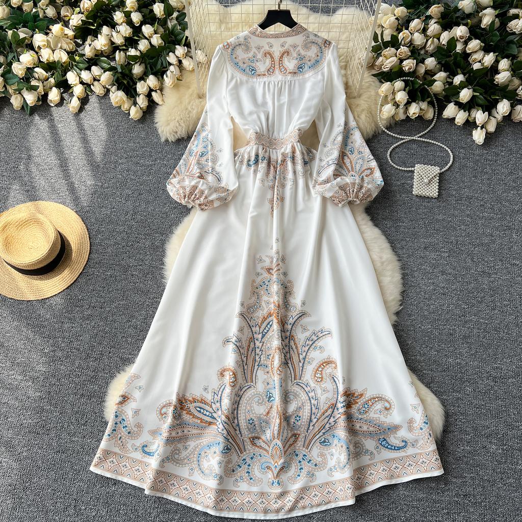 Элегантное длинное платье во французском стиле ретро, женские вечерние платья в придворном стиле с принтом пейсли, женские тонкие длинные платья трапециевидной формы с v-образным вырезом