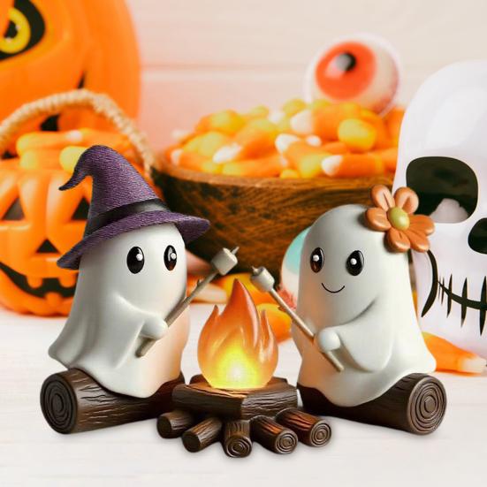 Призрачный костер, Хэллоуинский декор, Милая фигурка 2 призраков и костра из смолы, Ночник-призрак для украшения дома, каминной полки, стола