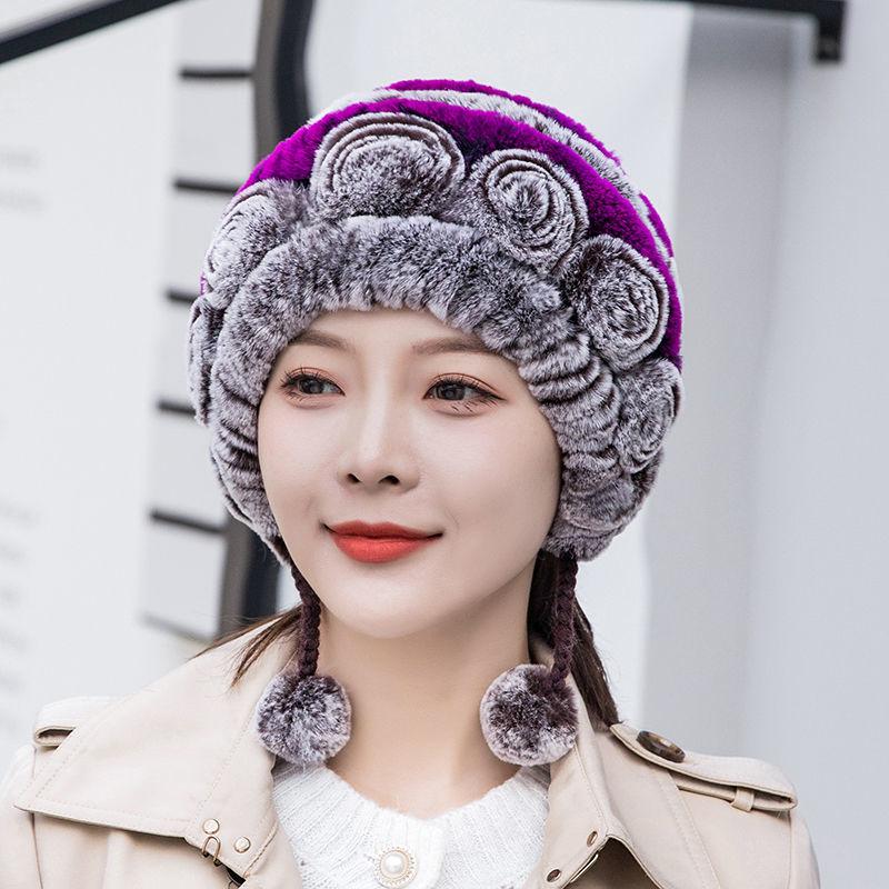 Rex Rabbit Fur Hat Autumn and Winter Fur Hat Tassel Woolen Hat Thick Warm Ear Protection Fur Hat