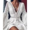 Women's A Line Dress Short Mini Dress White Black Red Long Sleeve Solid Color Ruffle Patchwork Chiffon Spring Summer Slim V Neck