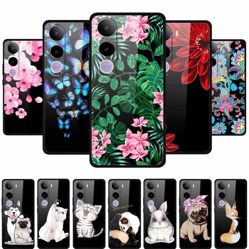 Glass Phone Case For Vivo Y400 5G Cartoon Animal Tempered Hard Back Cover For Vivo Y400 Case Coque Y 400 6.67" Soft Bumper Funda
