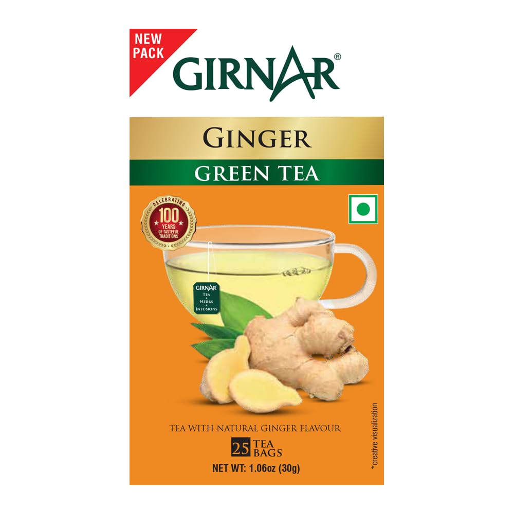 Girnar Green Tea Ginger Tea Bags 25 Count Caffeine-Free Natural Flavor Soothing Beverage
