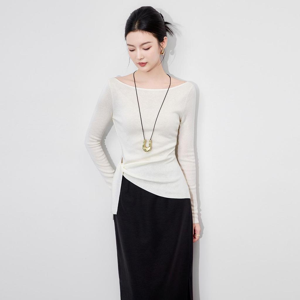 Design Sense Off-Shoulder Tie-Up Wool Knit Top: Minimalist Waist-Defining Long Sleeve for Early Autumn