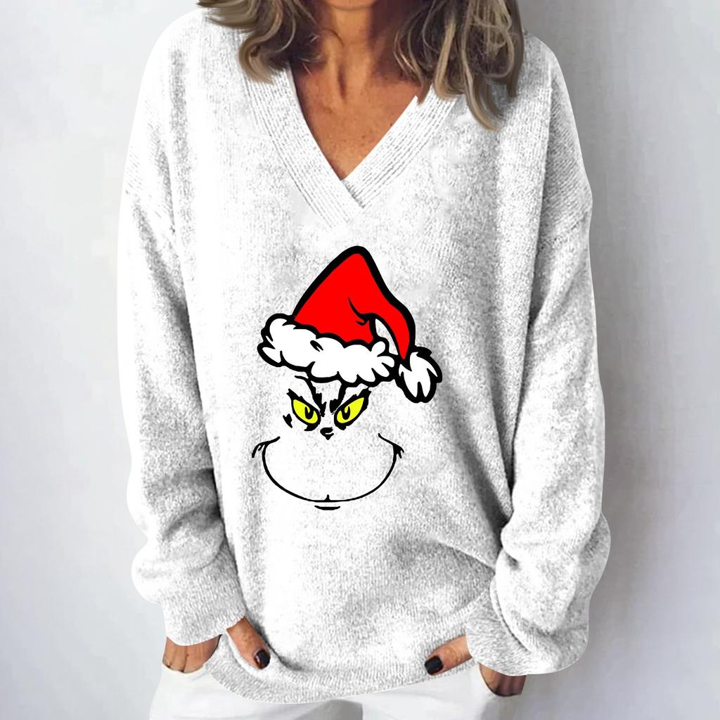 Женская мода повседневная рождественская принтованная трикотажная кофта с V-образным вырезом и длинными рукавами, модный милый свитшот