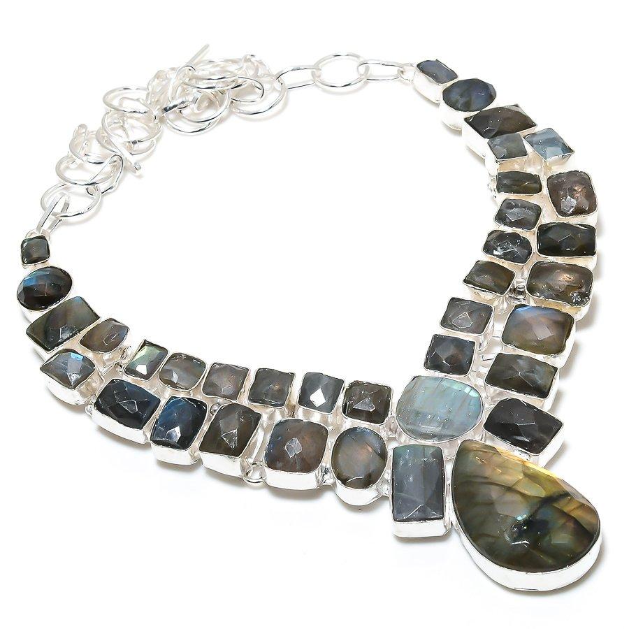 Ожерелье ручной работы из стерлингового серебра 925 пробы с натуральным лабрадоритом, 18 дюймов, O5E46