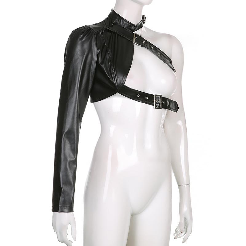 Необычная куртка из искусственной кожи, женская полая на одно плечо, металлическая регулируемая пряжка, универсальное укороченное пальто, уличная одежда, топ в стиле хип-хоп