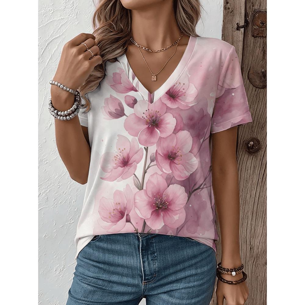 Women's V-neck short sleeved T-shirt cartoon cat print T-shirt