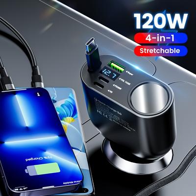Быстрое автомобильное зарядное устройство 120 Вт со светодиодным дисплеем - Quick Charge 3.0, PD 30 Вт, выдвижной кабель для iPhone/Samsung/Huawei