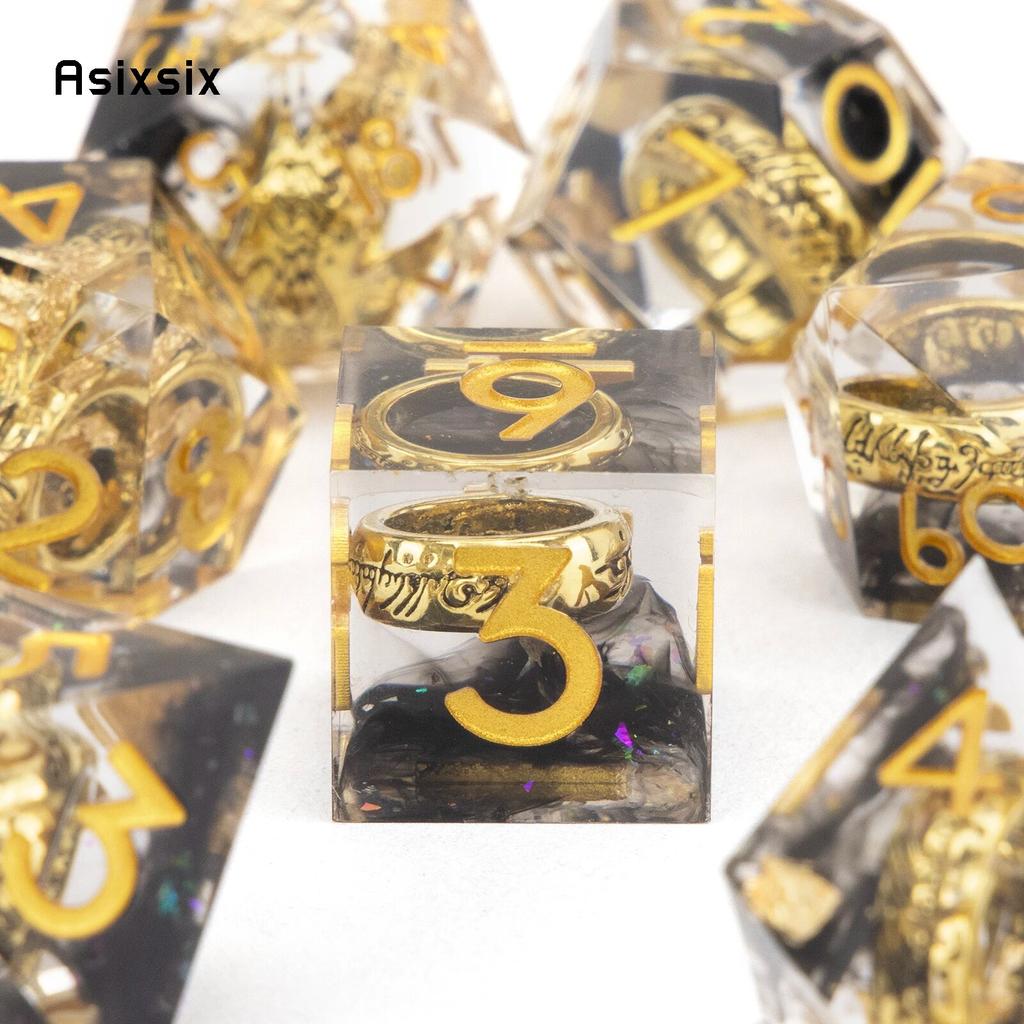 7 Pcs Black Resin Ring Golden Number Sharp Edge Dice Polyhedral Dice Suitable for Role-Playing RPG Board Game