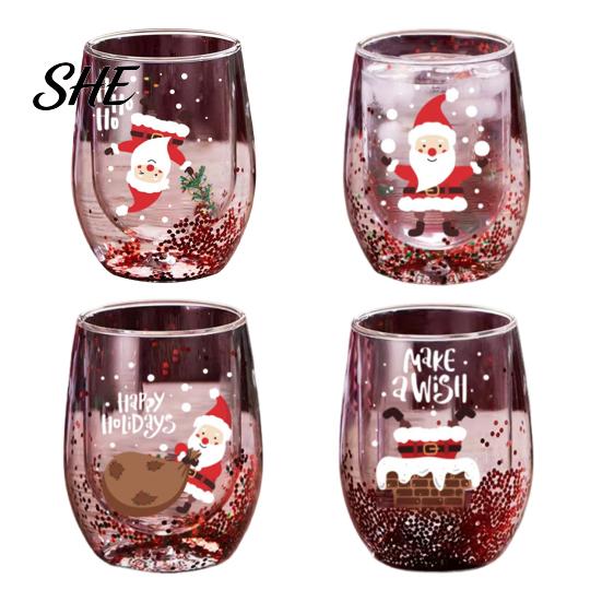 Double Layered Juice Glass Layer Cup, with Santa Claus/Small Tree/Stack/Bag Patterns Decor Holiday Party Beverage Quicksand Sequins Clear Borosilicate